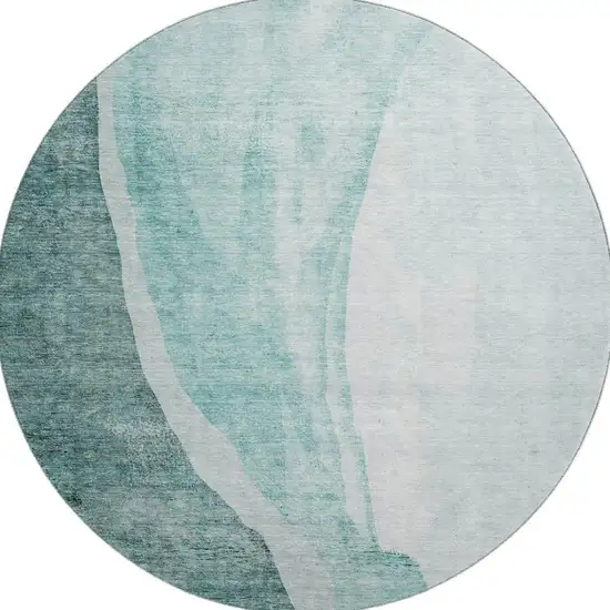 8' Teal And Ivory Abstract Washable Round Rug With UV Protection Photo 3