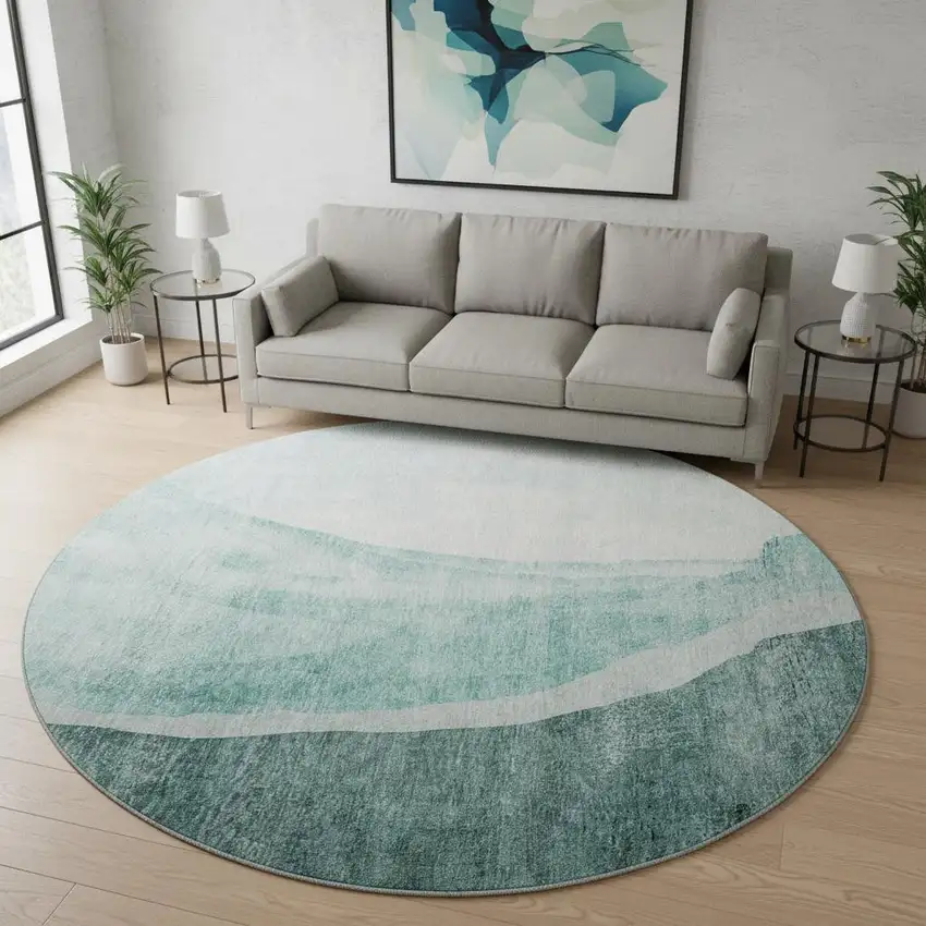 8' Teal And Ivory Abstract Washable Round Rug With UV Protection Photo 2