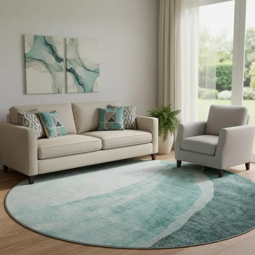 8' Teal And Ivory Abstract Washable Round Rug With UV Protection Photo 1