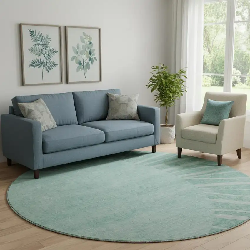 8' Teal And Ivory Abstract Washable Round Rug With UV Protection Photo 1