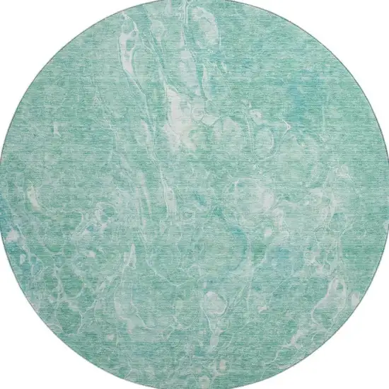 8' Teal And Ivory Abstract Washable Round Rug With UV Protection Photo 2