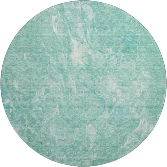 8' Teal And Ivory Abstract Washable Round Rug With UV Protection Photo 1