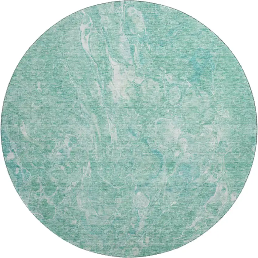 8' Teal And Ivory Abstract Washable Round Rug With UV Protection Photo 1