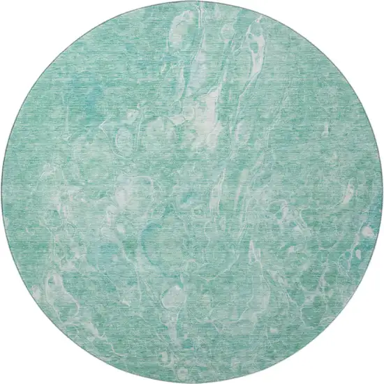 8' Teal And Ivory Abstract Washable Round Rug With UV Protection Photo 3