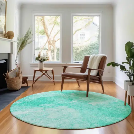 8' Teal And Ivory Abstract Washable Round Rug With UV Protection Photo 5