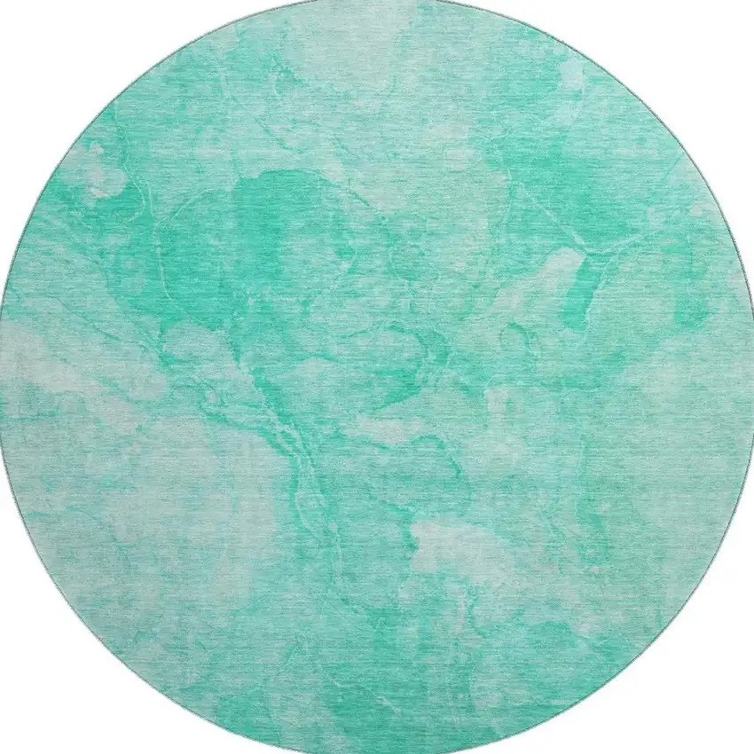 8' Teal And Ivory Abstract Washable Round Rug With UV Protection Photo 3