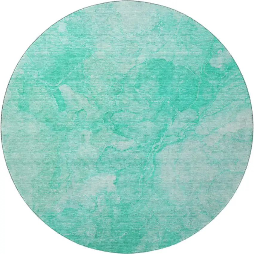 8' Teal And Ivory Abstract Washable Round Rug With UV Protection Photo 4