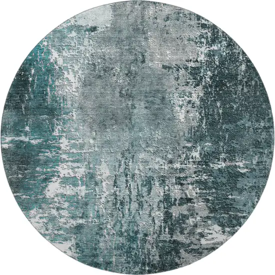 8' Teal And Ivory Abstract Washable Round Rug With UV Protection Photo 3