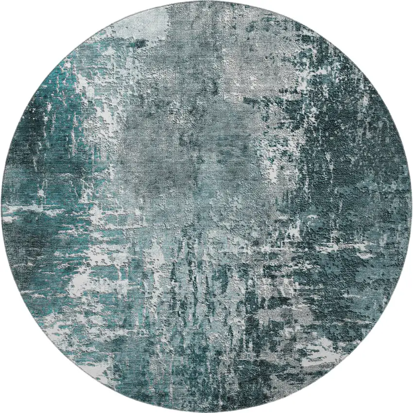 8' Teal And Ivory Abstract Washable Round Rug With UV Protection Photo 3
