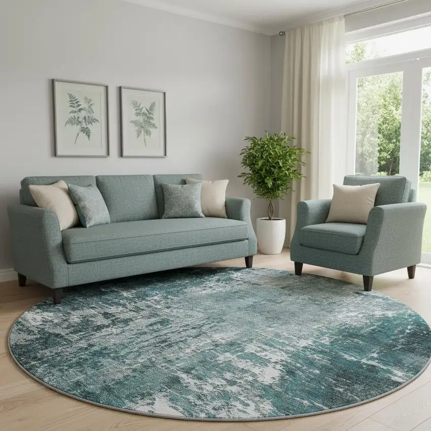 8' Teal And Ivory Abstract Washable Round Rug With UV Protection Photo 1