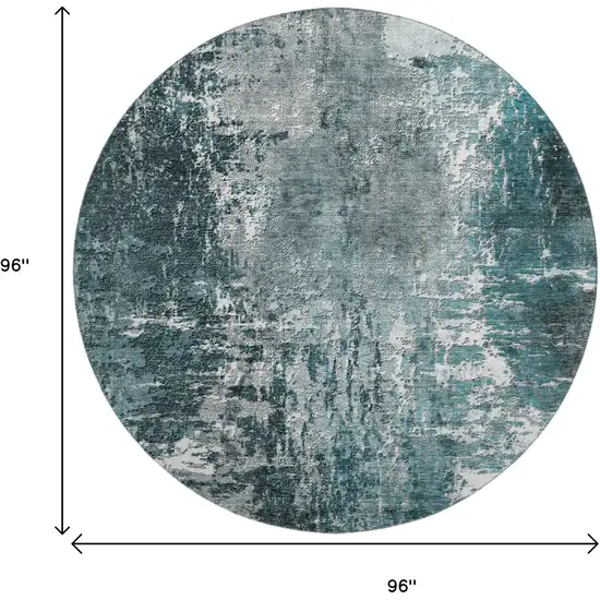 8' Teal And Ivory Abstract Washable Round Rug With UV Protection Photo 6