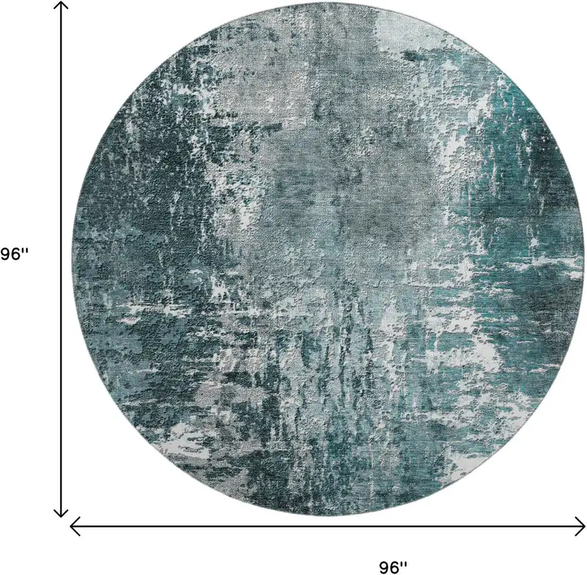 8' Teal And Ivory Abstract Washable Round Rug With UV Protection Photo 6