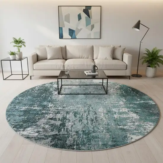 8' Teal And Ivory Abstract Washable Round Rug With UV Protection Photo 2