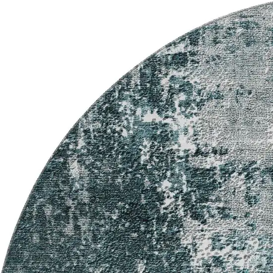 8' Teal And Ivory Abstract Washable Round Rug With UV Protection Photo 4