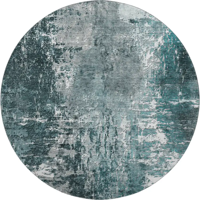8' Teal And Ivory Abstract Washable Round Rug With UV Protection Photo 1