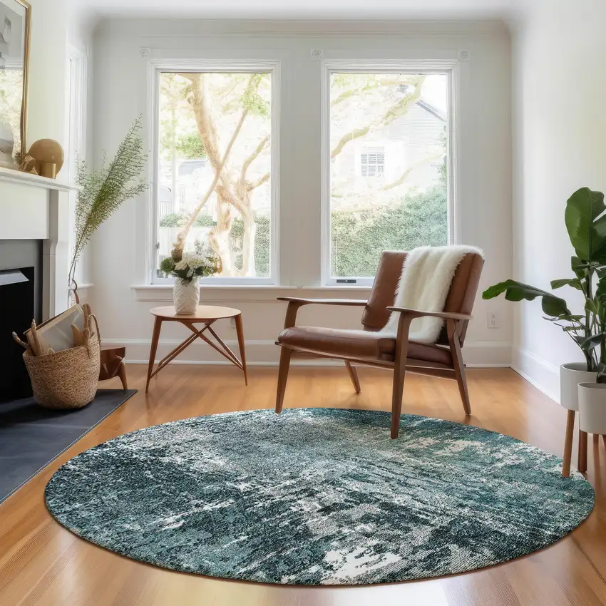 8' Teal And Ivory Abstract Washable Round Rug With UV Protection Photo 5