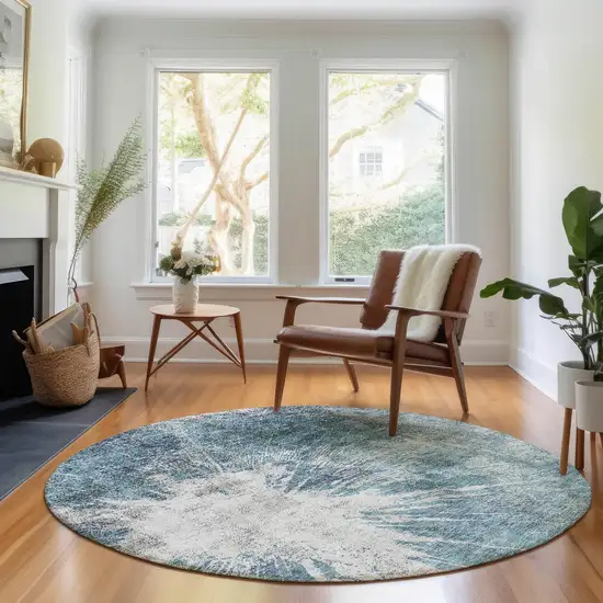 8' Teal And Ivory Abstract Washable Round Rug With UV Protection Photo 4