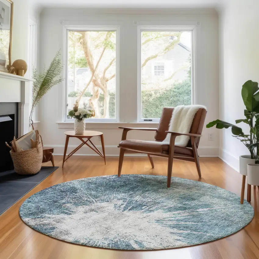 8' Teal And Ivory Abstract Washable Round Rug With UV Protection Photo 4
