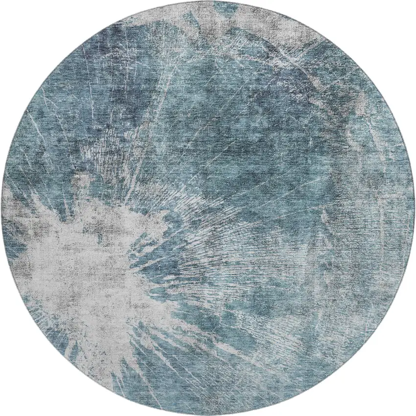 8' Teal And Ivory Abstract Washable Round Rug With UV Protection Photo 1