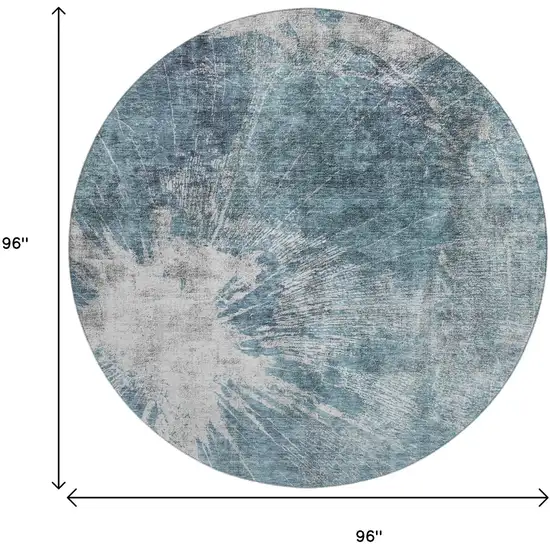 8' Teal And Ivory Abstract Washable Round Rug With UV Protection Photo 3