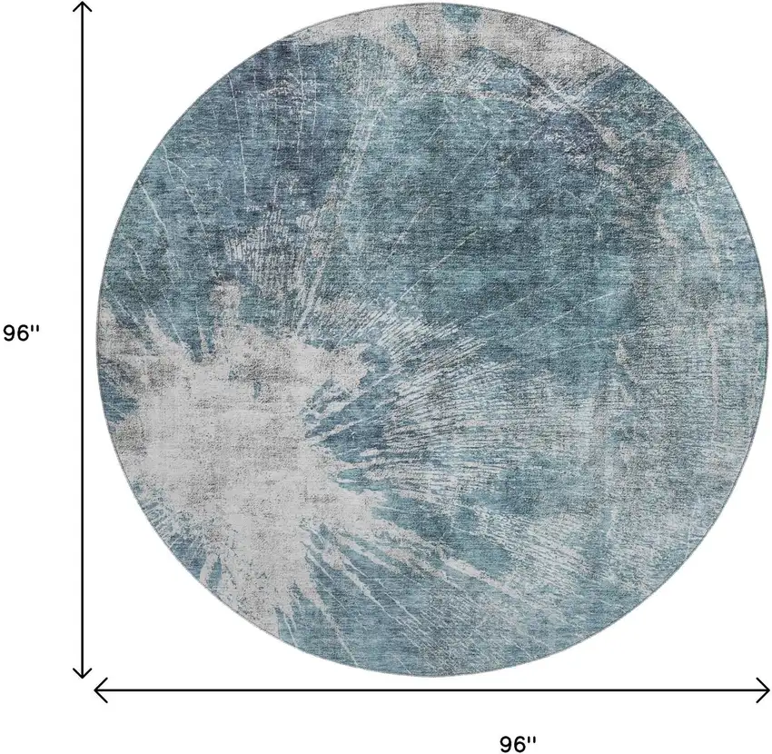 8' Teal And Ivory Abstract Washable Round Rug With UV Protection Photo 3