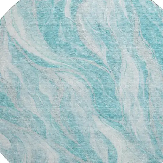 8' Teal And Ivory Abstract Washable Round Rug With UV Protection Photo 4