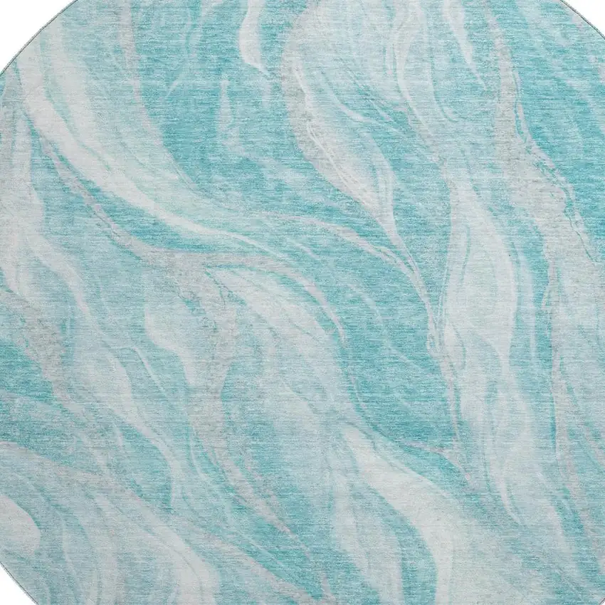 8' Teal And Ivory Abstract Washable Round Rug With UV Protection Photo 4