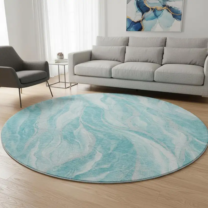8' Teal And Ivory Abstract Washable Round Rug With UV Protection Photo 2