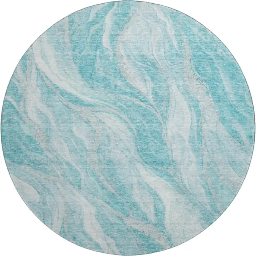 8' Teal And Ivory Abstract Washable Round Rug With UV Protection Photo 1