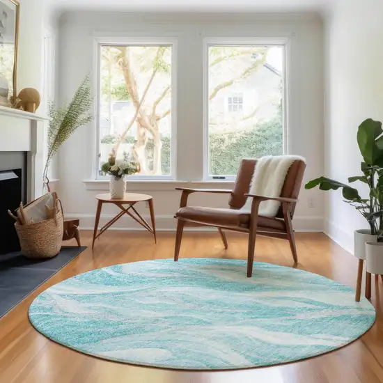 8' Teal And Ivory Abstract Washable Round Rug With UV Protection Photo 5