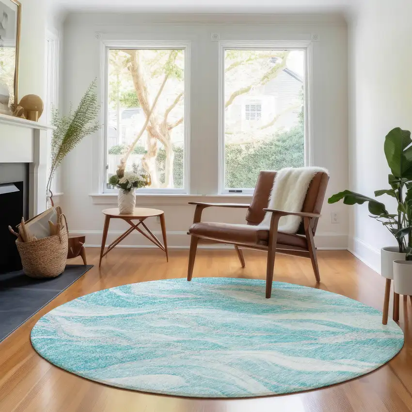 8' Teal And Ivory Abstract Washable Round Rug With UV Protection Photo 5