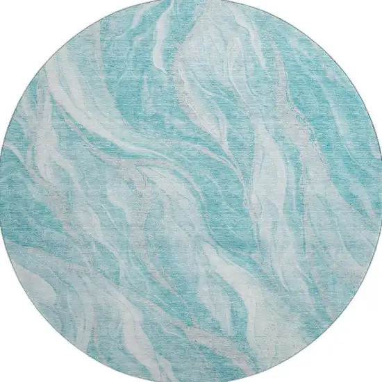 8' Teal And Ivory Abstract Washable Round Rug With UV Protection Photo 3