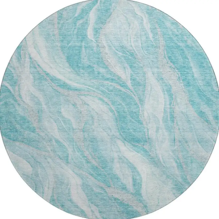8' Teal And Ivory Abstract Washable Round Rug With UV Protection Photo 3