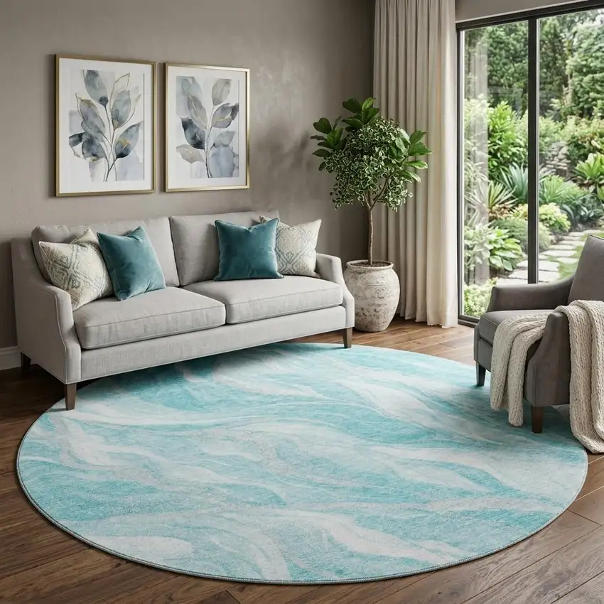 8' Teal And Ivory Abstract Washable Round Rug With UV Protection Photo 1