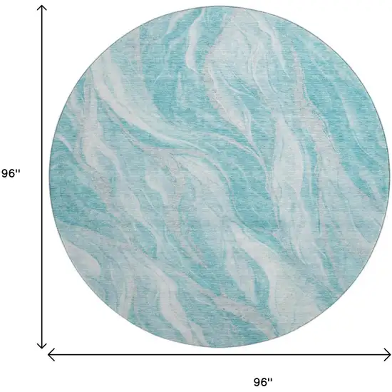 8' Teal And Ivory Abstract Washable Round Rug With UV Protection Photo 6