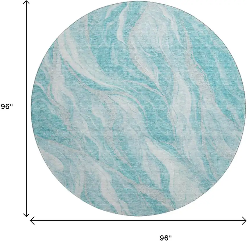 8' Teal And Ivory Abstract Washable Round Rug With UV Protection Photo 6