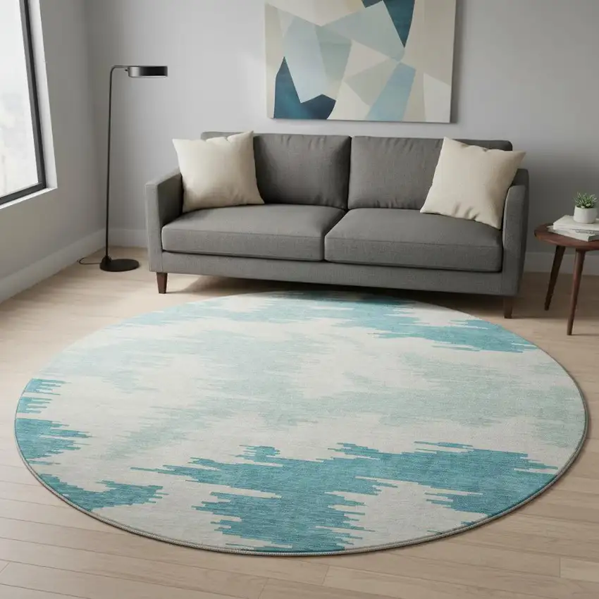 8' Teal And Ivory Abstract Washable Round Rug With UV Protection Photo 2