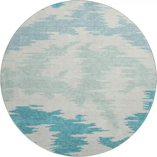 8' Teal And Ivory Abstract Washable Round Rug With UV Protection Photo 2