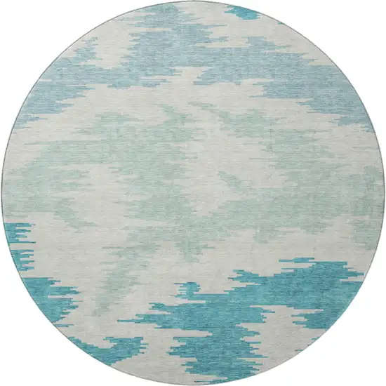 8' Teal And Ivory Abstract Washable Round Rug With UV Protection Photo 3