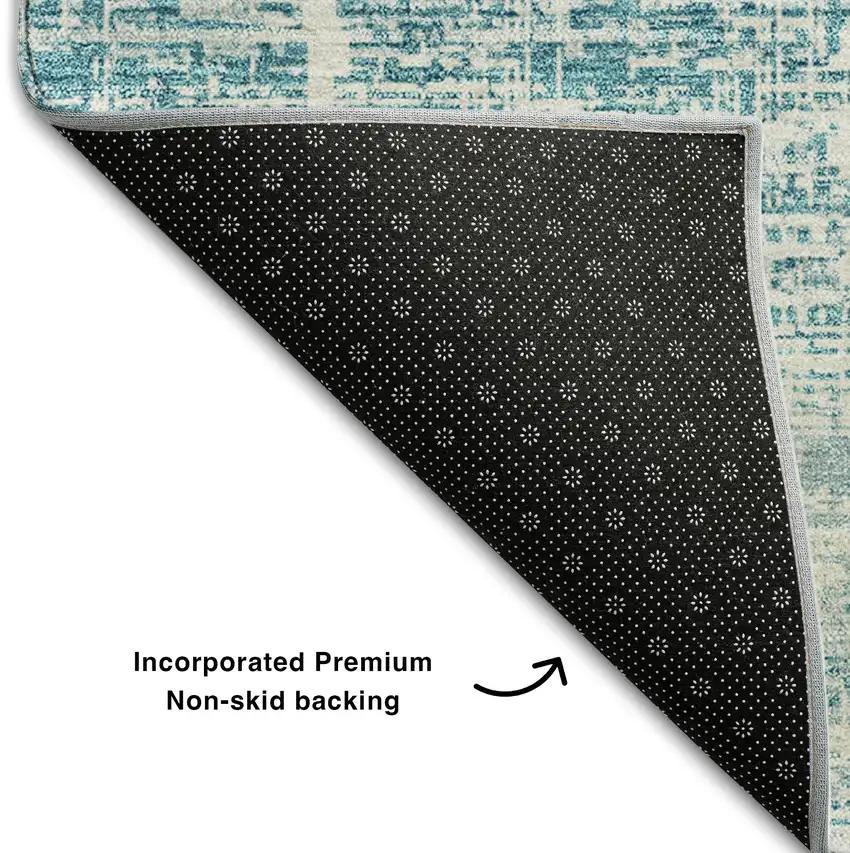 8' Teal And Ivory Abstract Washable Round Rug With UV Protection Photo 6