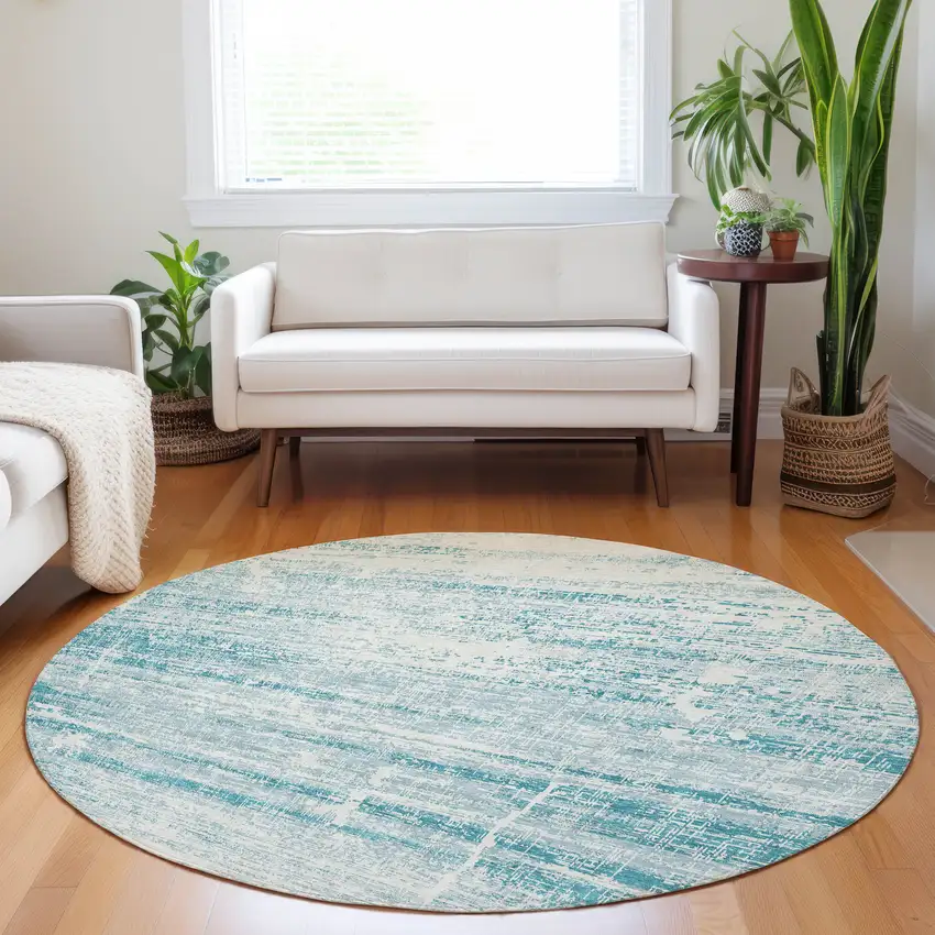 8' Teal And Ivory Abstract Washable Round Rug With UV Protection Photo 5