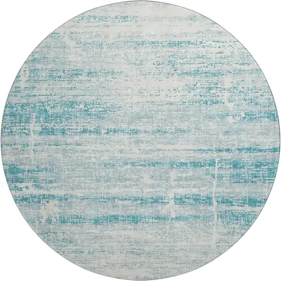8' Teal And Ivory Abstract Washable Round Rug With UV Protection Photo 1
