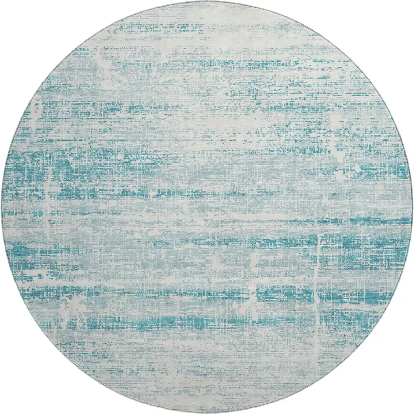8' Teal And Ivory Abstract Washable Round Rug With UV Protection Photo 1