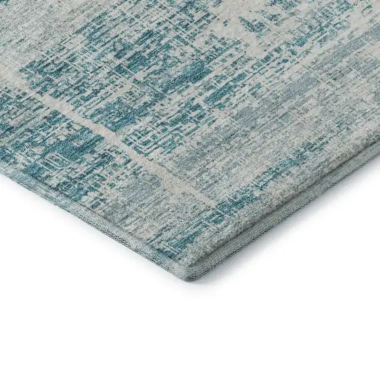 8' Teal And Ivory Abstract Washable Round Rug With UV Protection Photo 7