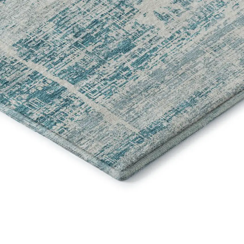 8' Teal And Ivory Abstract Washable Round Rug With UV Protection Photo 7