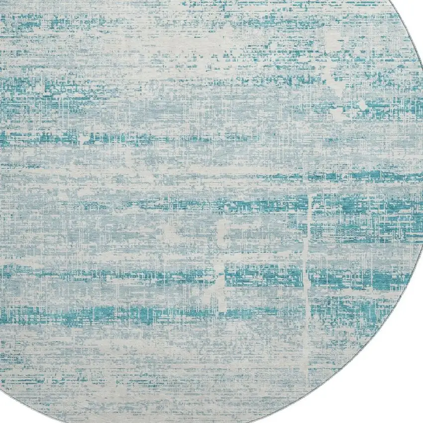 8' Teal And Ivory Abstract Washable Round Rug With UV Protection Photo 3