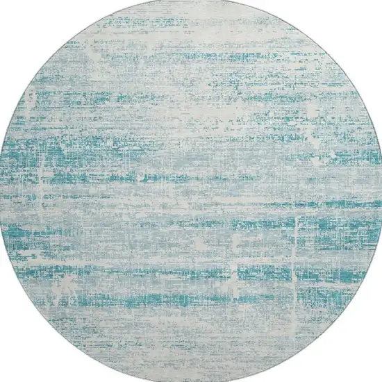 8' Teal And Ivory Abstract Washable Round Rug With UV Protection Photo 4