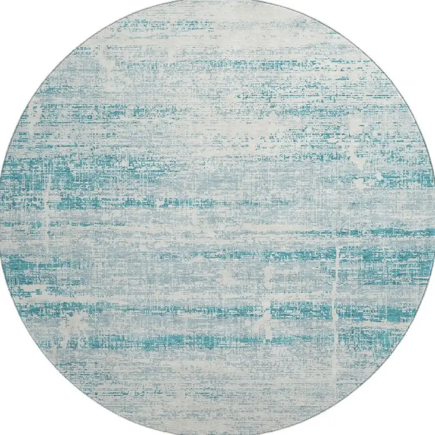 8' Teal And Ivory Abstract Washable Round Rug With UV Protection Photo 4