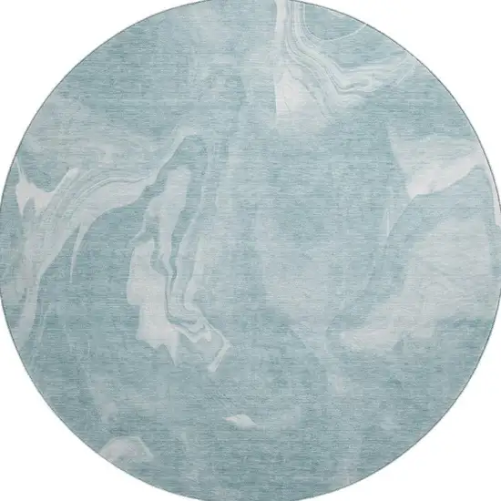 8' Teal And Ivory Abstract Washable Round Rug With UV Protection Photo 3