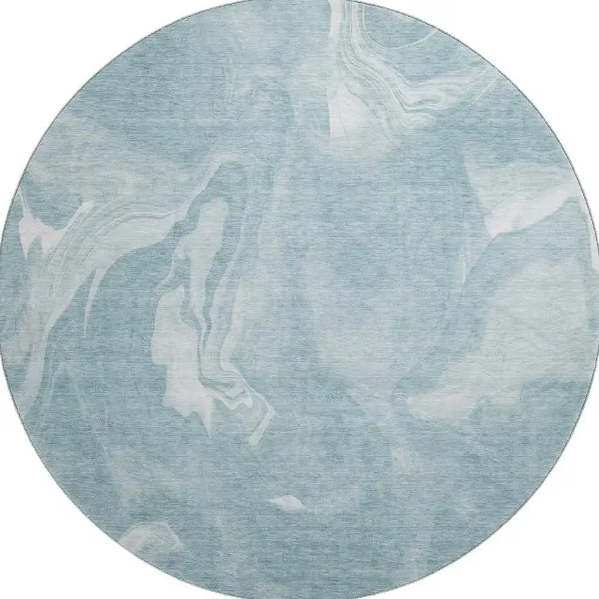 8' Teal And Ivory Abstract Washable Round Rug With UV Protection Photo 3